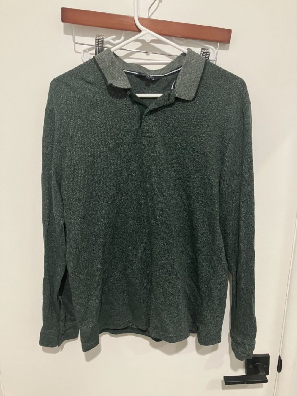 Ben Sherman Men Long Sleeve Polo Shirt Dark Green Grey Textured Collar Medium